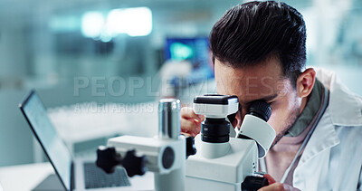 Microscope, man or scientist in research laboratory for medical test or biotechnology development. Engineer, science or person working on medicine chemistry, chemical and forensic biology or vaccine