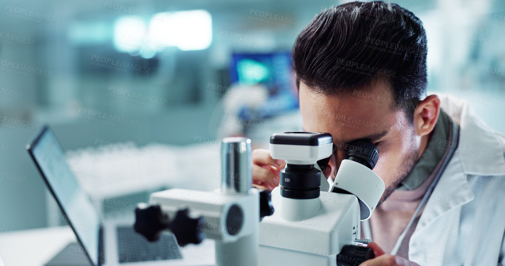 Buy stock photo Microscope, man or scientist in research laboratory for medical test or biotechnology development. Engineer, science or person working on medicine chemistry, chemical and forensic biology or vaccine