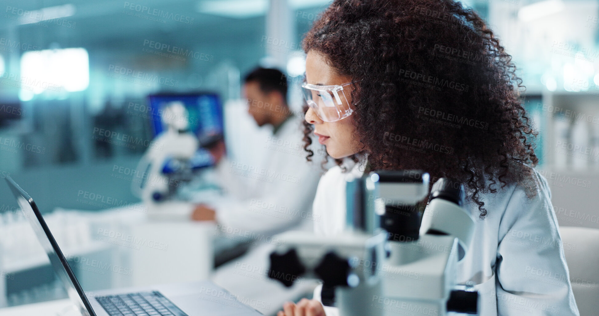 Buy stock photo Laptop, woman or scientist with microscope or research in lab for chemistry report or medical test feedback. Bacteria, person typing or science update for online medicine development news on website