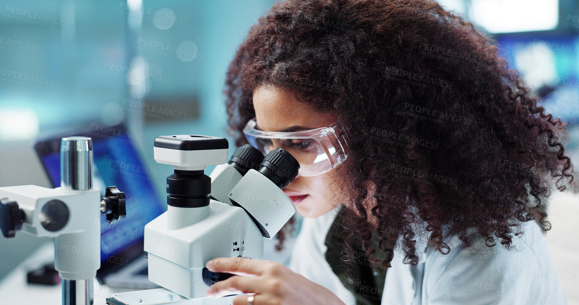 Buy stock photo Laptop, woman or scientist in lab with microscope or research for chemistry report or medical test. Bacteria, person typing or science update for online medicine development or virus news on website