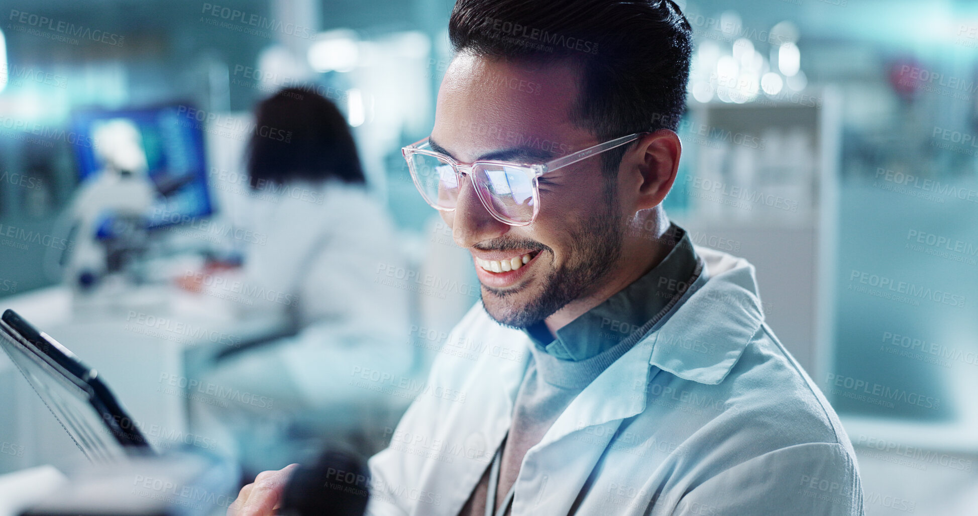 Buy stock photo Tablet, Asian man or scientist with research in laboratory for a chemistry report or medical test feedback. Happy, person reading or science update for online medicine development news on website