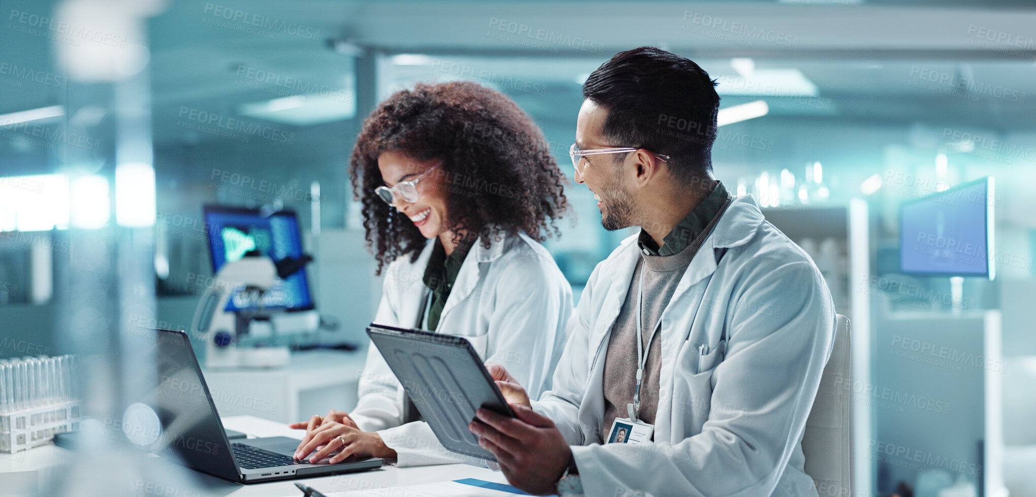 Buy stock photo Science, teamwork and laptop with laughing in laboratory for communication, pharmaceutical review or planning. Employees, collaboration and technology for research, discussion and digital analysis