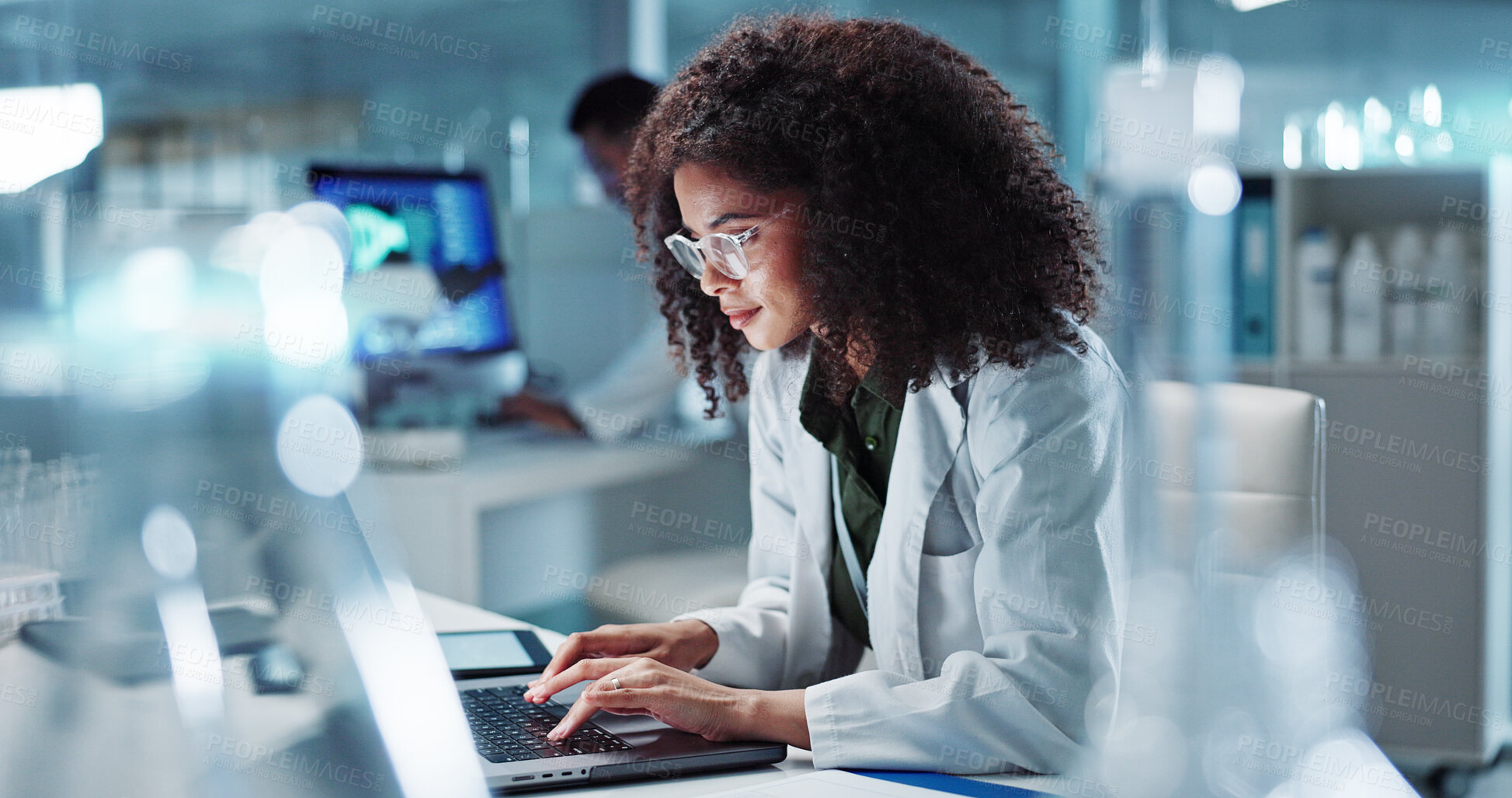 Buy stock photo Woman. laptop and lab for research science or online internet for futuristic discovery, microscope or medicine. Female person, brainstorming and biotechnology for investigation, cure or development