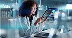 Tablet, laptop and woman scientist in lab working on medical research, project or experiment. Science, career and female researcher with digital technology and computer for pharmaceutical innovation.