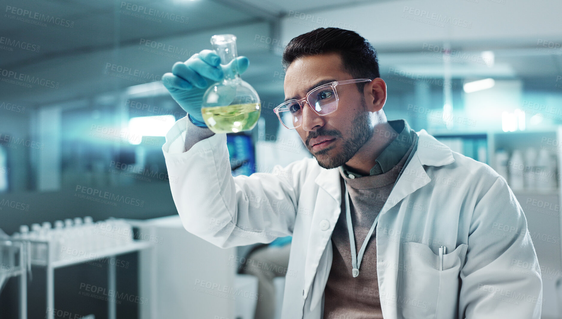 Buy stock photo Scientist, man and chemical with laptop in laboratory for chemistry experiment, test sample and research. Science, person and liquid inspection for clinical analysis, expert investigation and happy