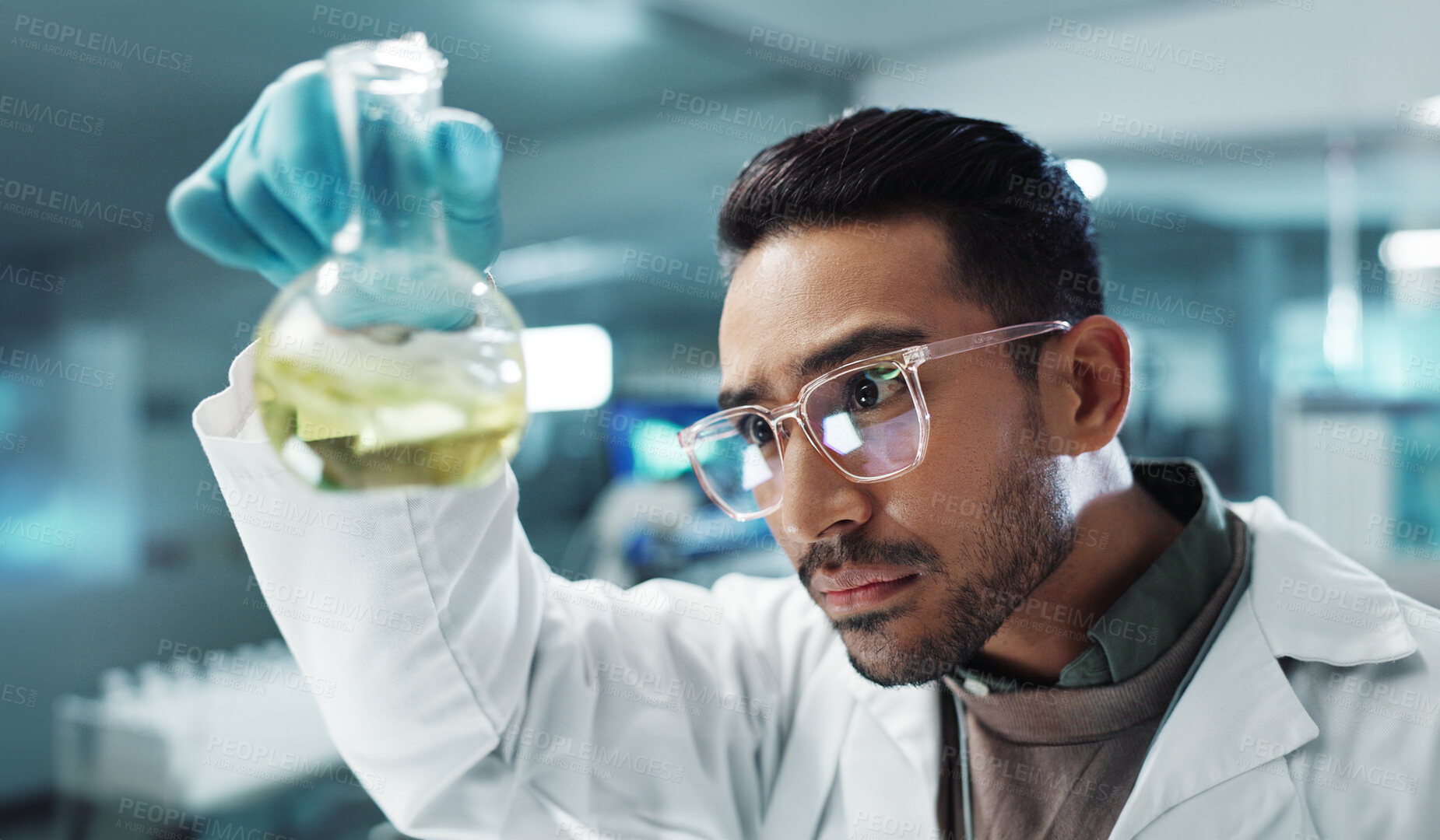 Buy stock photo Man, scientist and shake beaker with chemical for research, experiment or test in lab. Science, serious or medical professional with glass for development of cure, biotechnology or study healthcare