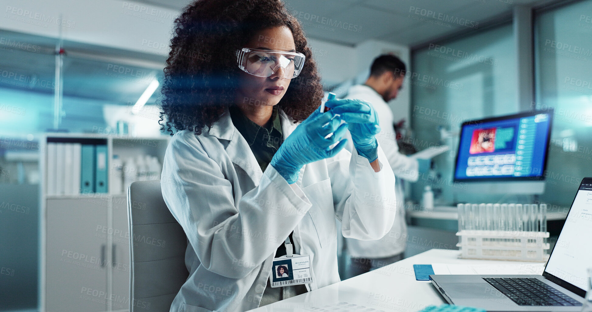 Buy stock photo Woman, scientist or blood vial for testing in laboratory, healthcare or pathology to label on test tube. Biotechnology, pharmaceutical and laptop by doctor and online scientific results in phlebotomy