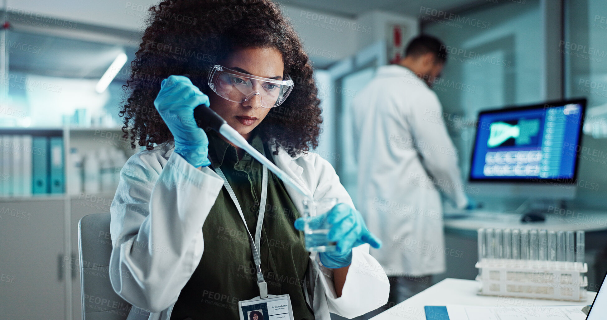 Buy stock photo Scientist, pipette and woman with beaker for chemistry, research or experiment at laboratory. Science, glass and serious medical professional in development of cure, biotechnology or study healthcare