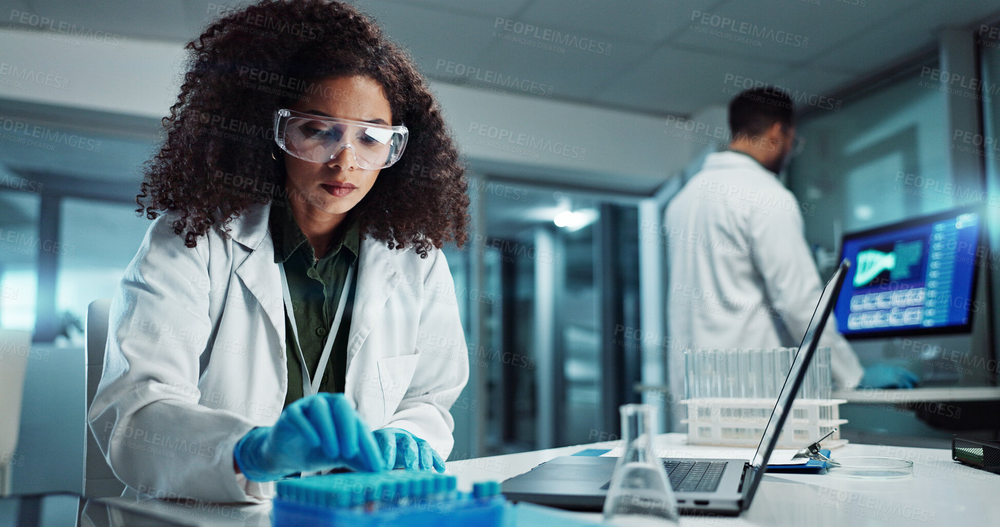 Buy stock photo Woman, scientist or blood vial for exam in laboratory, healthcare or pathology to label on test tube. Biotechnology, pharmaceutical and laptop by doctor and online scientific results in phlebotomy