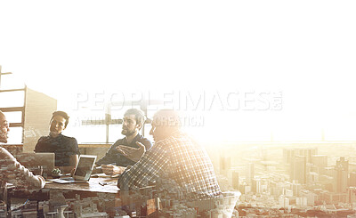 Buy stock photo Multiple exposure shot of businesspeople having a meeting superimposed over a cityscape