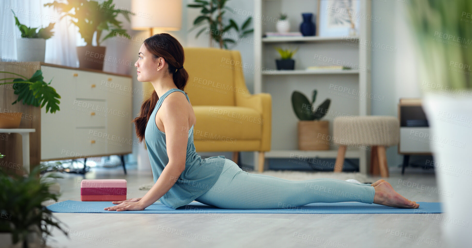 Buy stock photo Exercise woman, yoga stretching and home fitness in living room floor for wellness, balance training and strong body. Healthy lady, pilates focus and flexible cobra workout training in house lounge