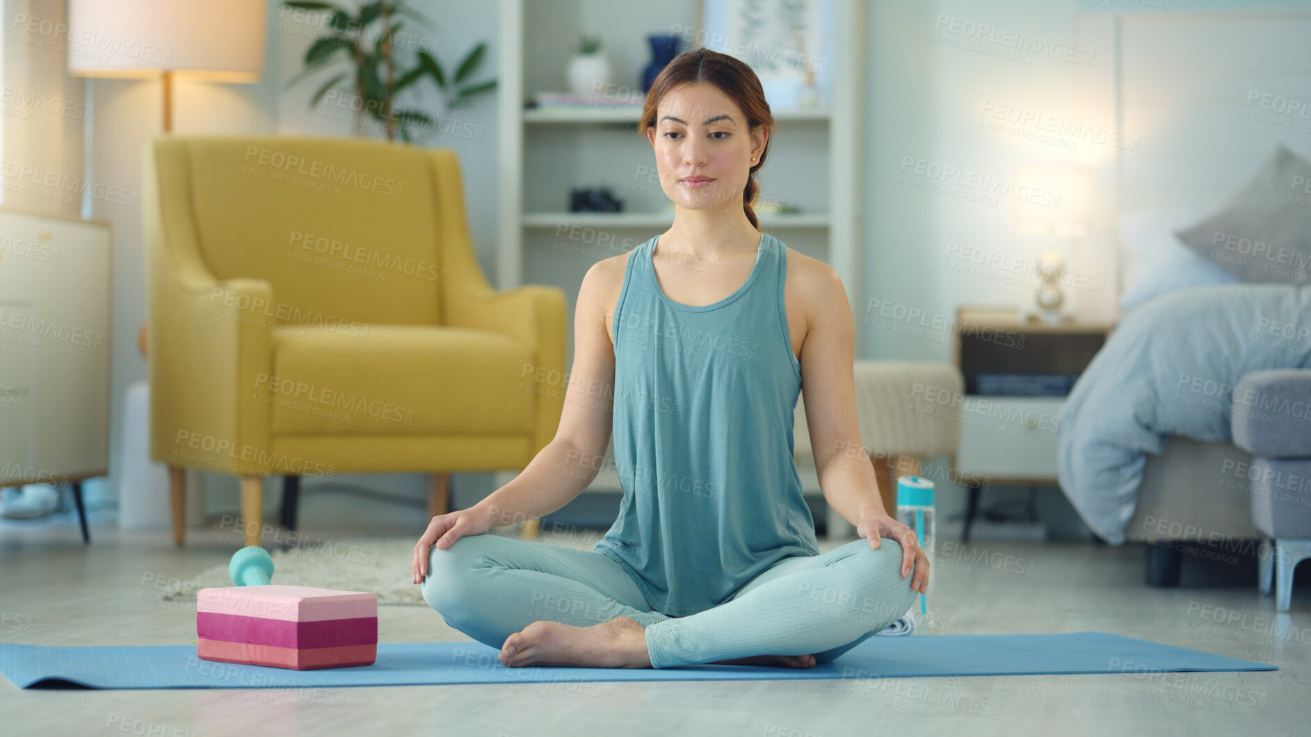 Buy stock photo Exercise woman, yoga stretching and home fitness in living room floor for wellness, balance training and strong body. Healthy lady, pilates focus and flexible cobra workout training in house lounge