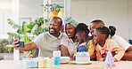 Selfie, birthday and black family of children and parent together for bonding, love and care. African woman, man and happy kids at home for a picture, quality time and bonding or fun at a party