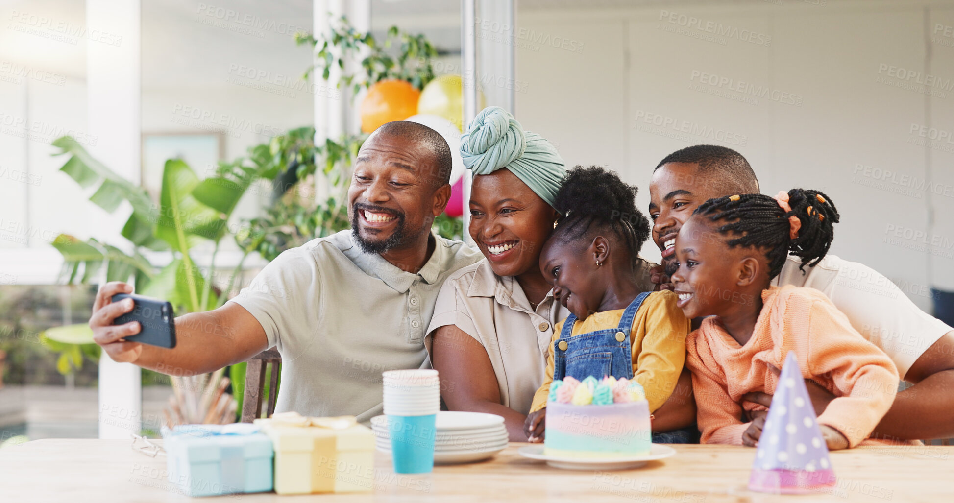 Buy stock photo Selfie, birthday and black family of children and parent together for bonding, love and care. African woman, man and happy kids at home for a picture, quality time and bonding or fun at a party