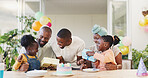 Birthday, present and black family celebrate with children with love, care and surprise. African woman, men and happy kids together at home for a gift, quality time and fun at a party with cake