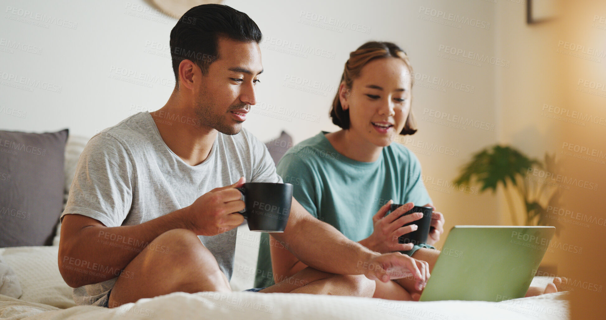 Buy stock photo Relax, laptop and search with couple in bed and coffee streaming with subscription, internet and watching movie. Connection, wake up and marriage with man and woman with social media, news and online