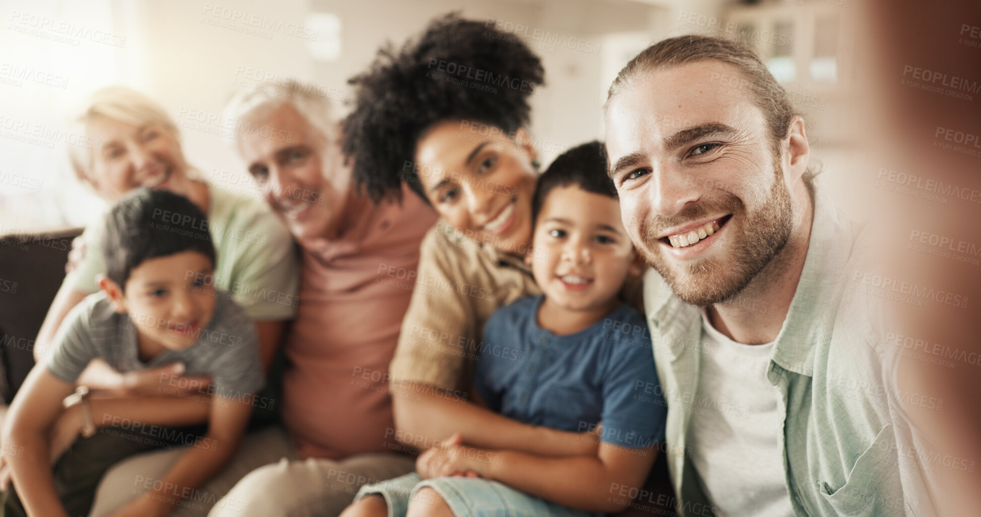 Buy stock photo Selfie, happy and face of a big family in the living room relaxing, bonding and spending time together. Smile, love and portrait of boy children sitting with parents and grandparents at their home.