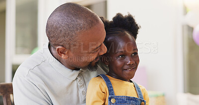 Mature African father, girl child and sitting together with care, love and bond with talk, love and smile in family home. Happy black man, kid and embrace with conversation, chat and relax on holiday