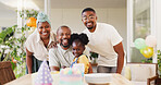 Face, birthday party and black family with celebration, happiness and excited with joy, event and cheerful. Portrait, mother and father with girl, female child and kid with social gathering and smile