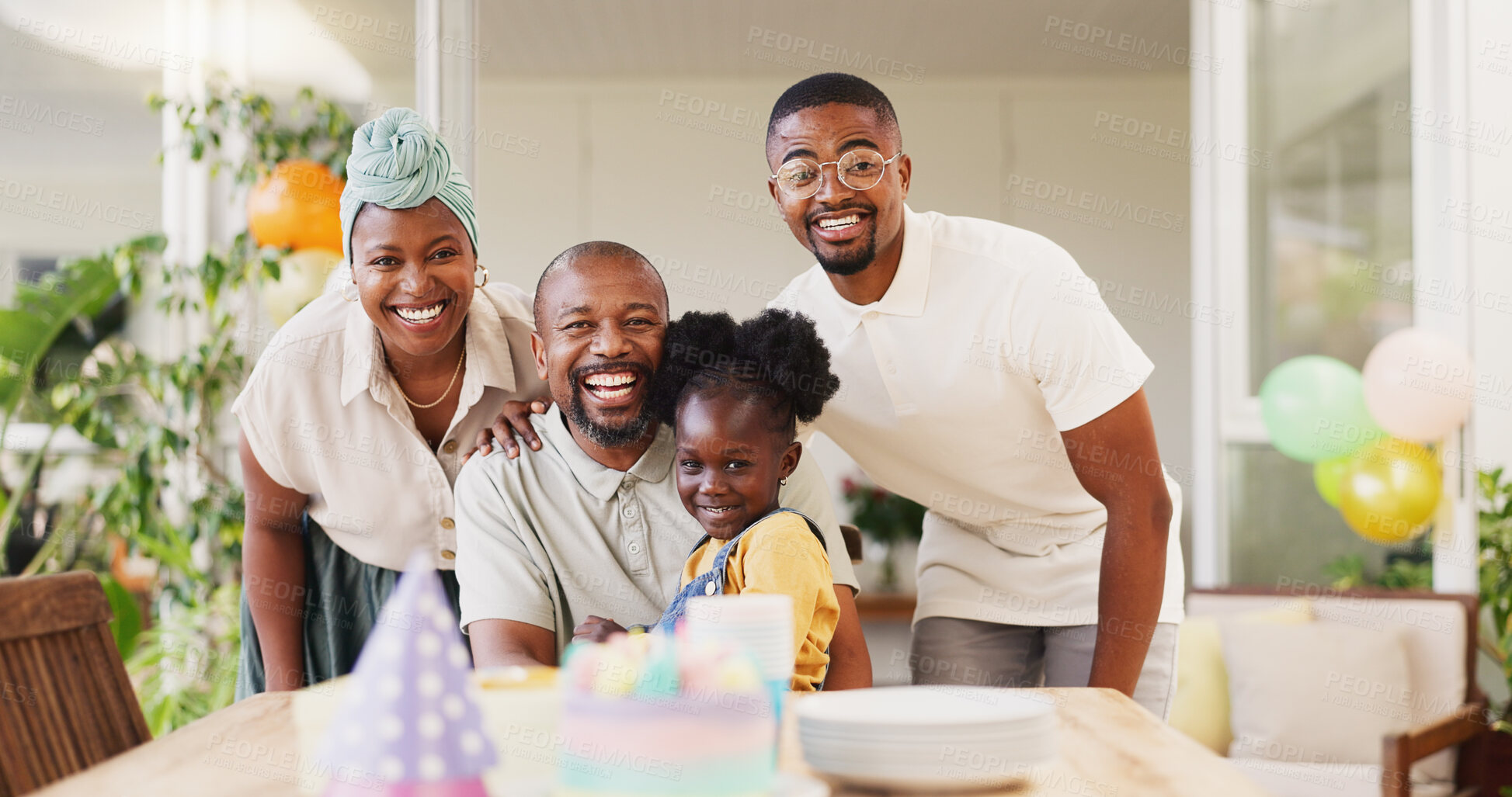 Buy stock photo Face, birthday party and black family with celebration, happiness and excited with joy, event and cheerful. Portrait, mother and father with girl, female child and kid with social gathering and smile
