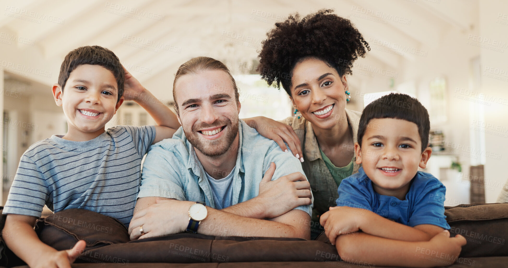 Buy stock photo Face, smile and family in home living room, bonding and having fun together. Happy, children and portrait of parents in lounge with father and African mother enjoying quality time to relax in house.