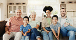 Happy, smile and face of a big family on a sofa relaxing, bonding and spending time together. Happiness, love and portrait of boy children sitting with their parents and grandparents at their home.