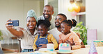 Selfie, birthday party and children, family or parents on social media, online memory and celebration, smile and hug. African people, mother and dat, kids and cake in profile picture for holiday