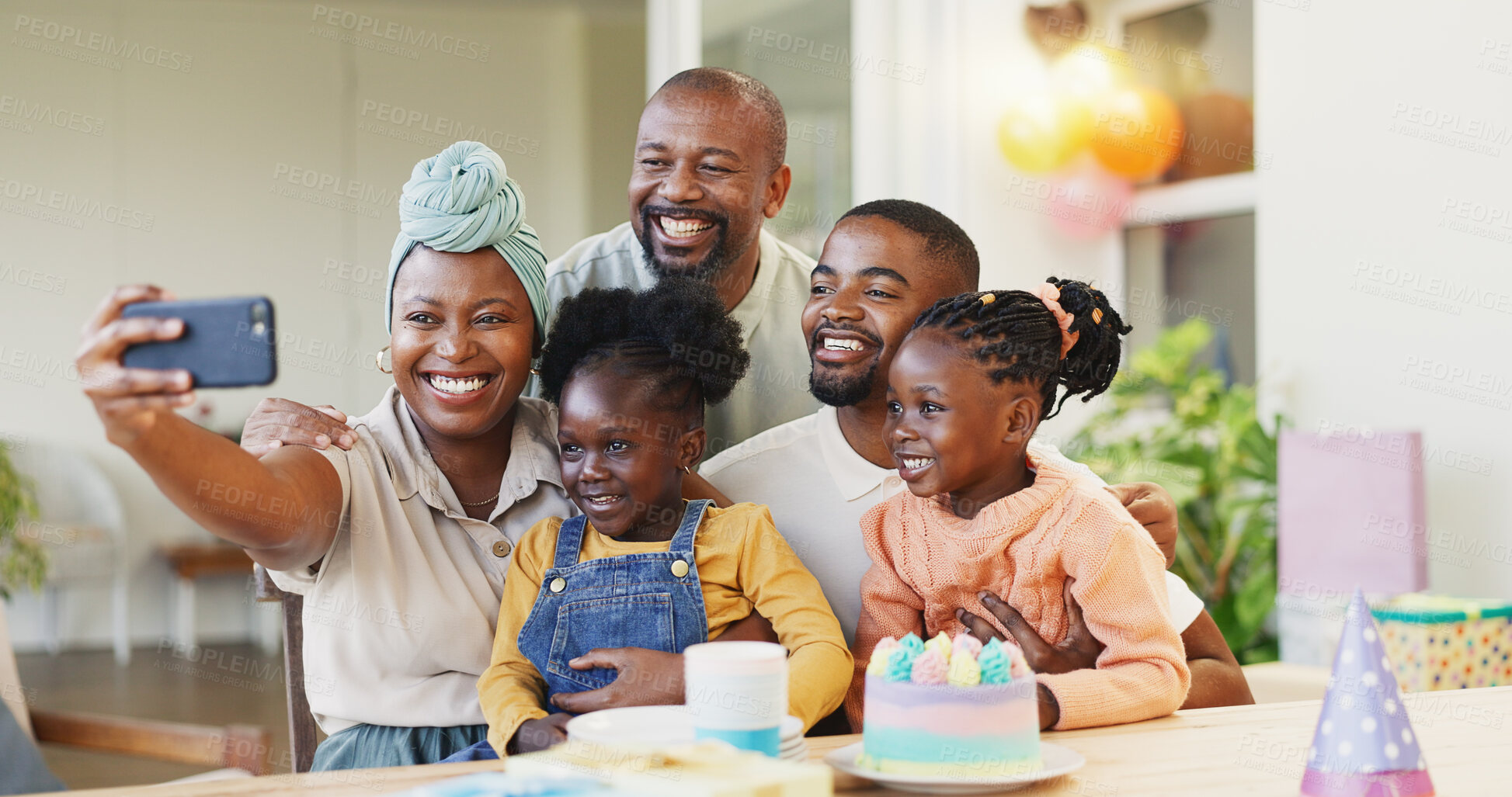 Buy stock photo Selfie, birthday party and children, family or parents on social media, online memory and celebration, smile and hug. African people, mother and dat, kids and cake in profile picture for holiday