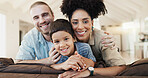 Face, happy and family in home living room, bonding and having fun together. Smile, children and portrait of parents in lounge with father and African mother enjoying quality time on sofa in house.