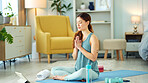 Exercise woman, yoga stretching and home fitness in living room floor for wellness, balance training and strong body. Healthy lady, pilates focus and flexible cobra workout training in house lounge