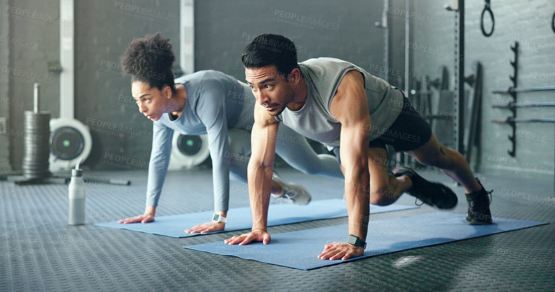 Buy stock photo Couple, fitness and gym workout of training friends together for a core strength exercise for abs. Strong, sports and athlete wellness cardio of people doing a sport in a health club or studio