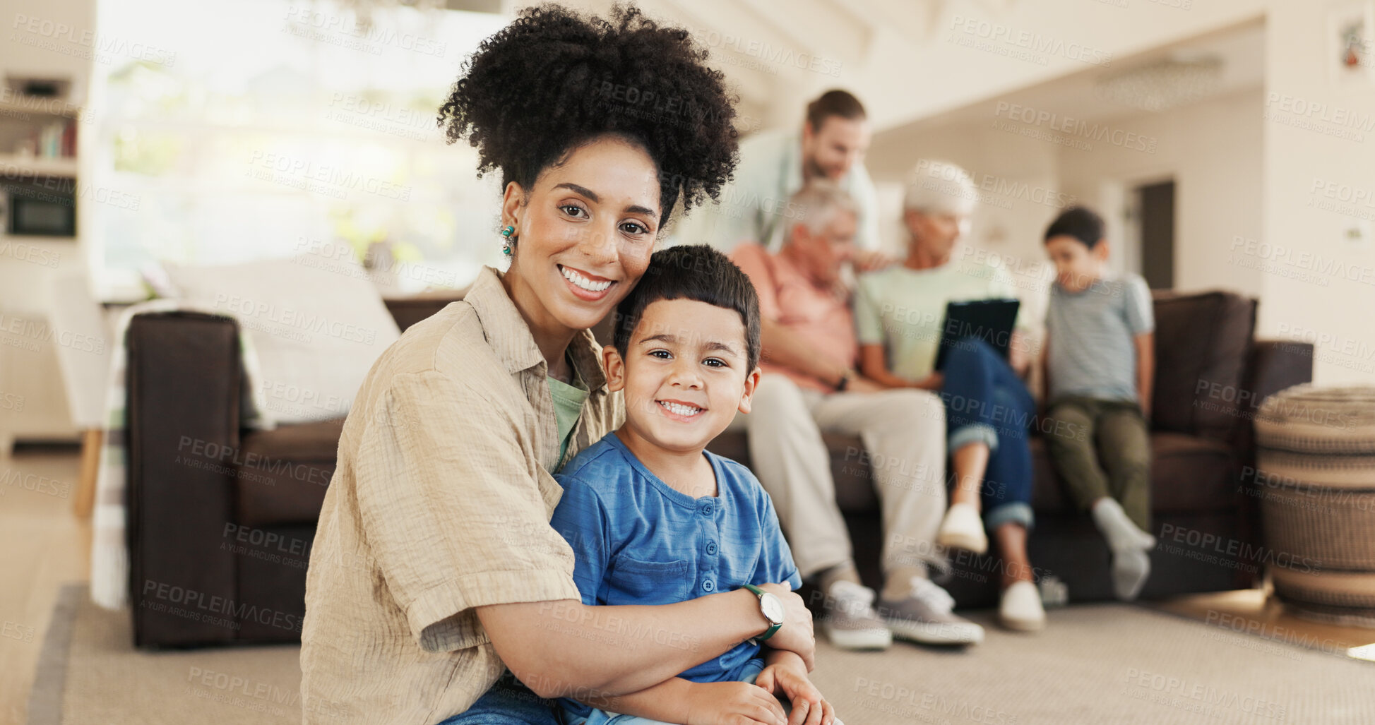 Buy stock photo Face, happy and mother with kid in home living room, bonding and having fun together. Smile, children and portrait of African mom in lounge with care, love and enjoy quality time for family adoption.