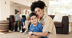 Face, happy and mother with kid in home living room, bonding and having fun together. Smile, children and portrait of African mom in lounge with care, love and enjoy quality time for family adoption.