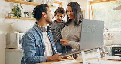 Kitchen, talking and family with a laptop, internet connection and communication with network, remote work from home and website information. Parents, mother or father with male child with technology