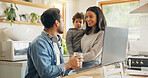 Kitchen, speaking and parents with a laptop, child and communication with internet connection, funny and chatting. Network, mother and father with technology, male child and conversation with humor