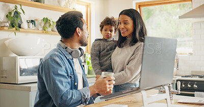 Kitchen, speaking and parents with a laptop, child and communication with internet connection, funny and chatting. Network, mother and father with technology, male child and conversation with humor