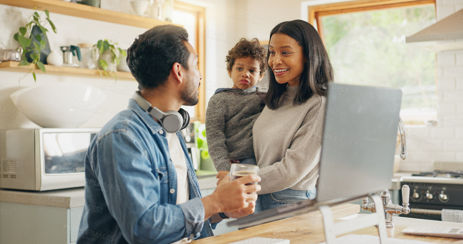 Buy stock photo Kitchen, speaking and parents with a laptop, child and communication with internet connection, funny and chatting. Network, mother and father with technology, male child and conversation with humor