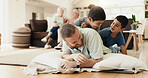 Funny, playing and father with children on floor in home living room laughing at comedy, joke or humor. Happy, dad and kids having fun, bonding and enjoying family time together in adoption house.