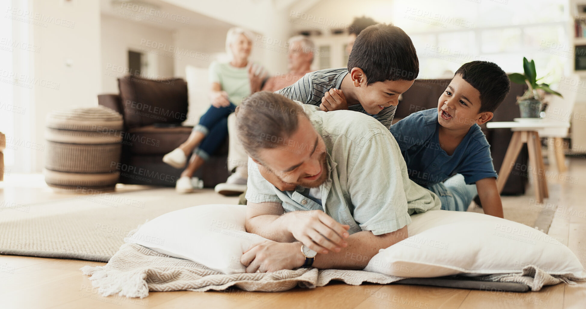 Buy stock photo Funny, playing and father with children on floor in home living room laughing at comedy, joke or humor. Happy, dad and kids having fun, bonding and enjoying family time together in adoption house.