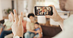 Phone screen, hand or countdown for family picture, photography and memory photo of home bonding, love and care. Home, smartphone UI or person count for relax grandparents, parents and kids together