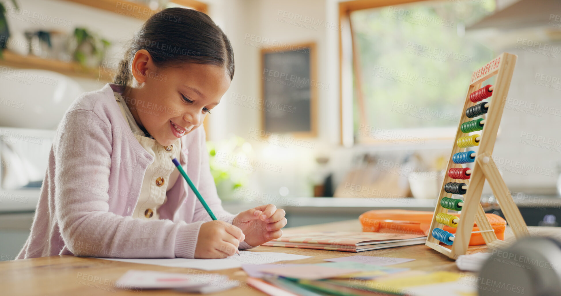 Buy stock photo Education, writing and happy girl child in a kitchen with maths, homework or counting practice in her home. Learning, creative and female kid smile while drawing on a table for homeschool math lesson