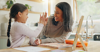 Learning, high five and mother with girl for home education, language success, support and love, hug and teaching. Helping, yes and happy family, mom and child for school writing and drawing on paper