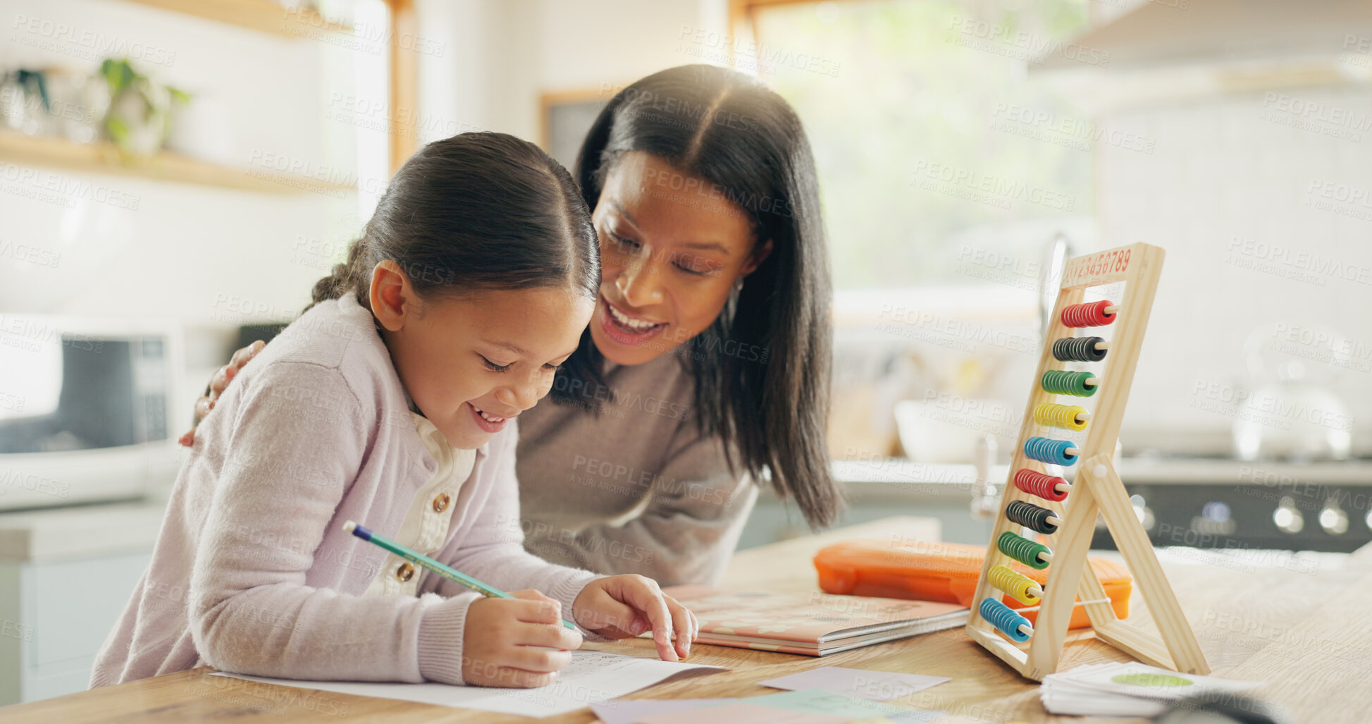 Buy stock photo Homework, mother and girl with education, teaching and conversation with support, help and knowledge. Female child writing, student or mama with a kid, kitchen and learning with growth or development