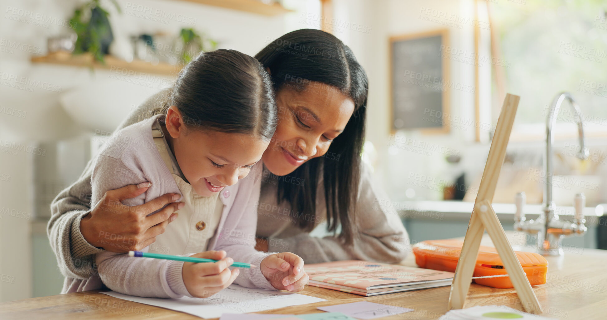 Buy stock photo Homework, mother and girl with education, teaching and conversation with support, help and knowledge. Female child writing, student or mama with a kid, kitchen and learning with growth or development