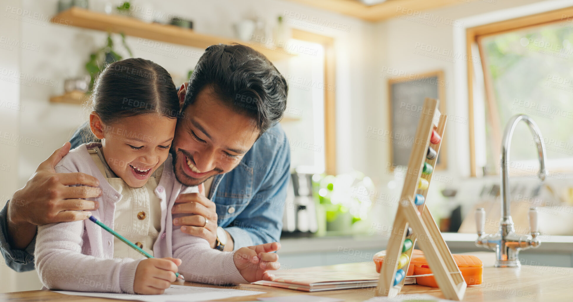 Buy stock photo Homework, father and girl with education, teaching and conversation with support, excited and knowledge. Female child writing, student and proud dad with a kid, kitchen and learning with development