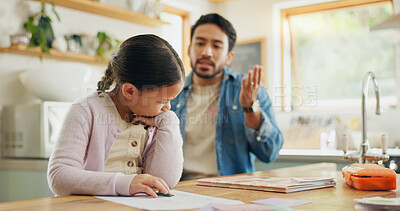 Angry dad with crying child, homework and scolding in kitchen, helping to study with conflict. Learning, teaching and frustrated father with sad daughter for discipline, education and problem in home