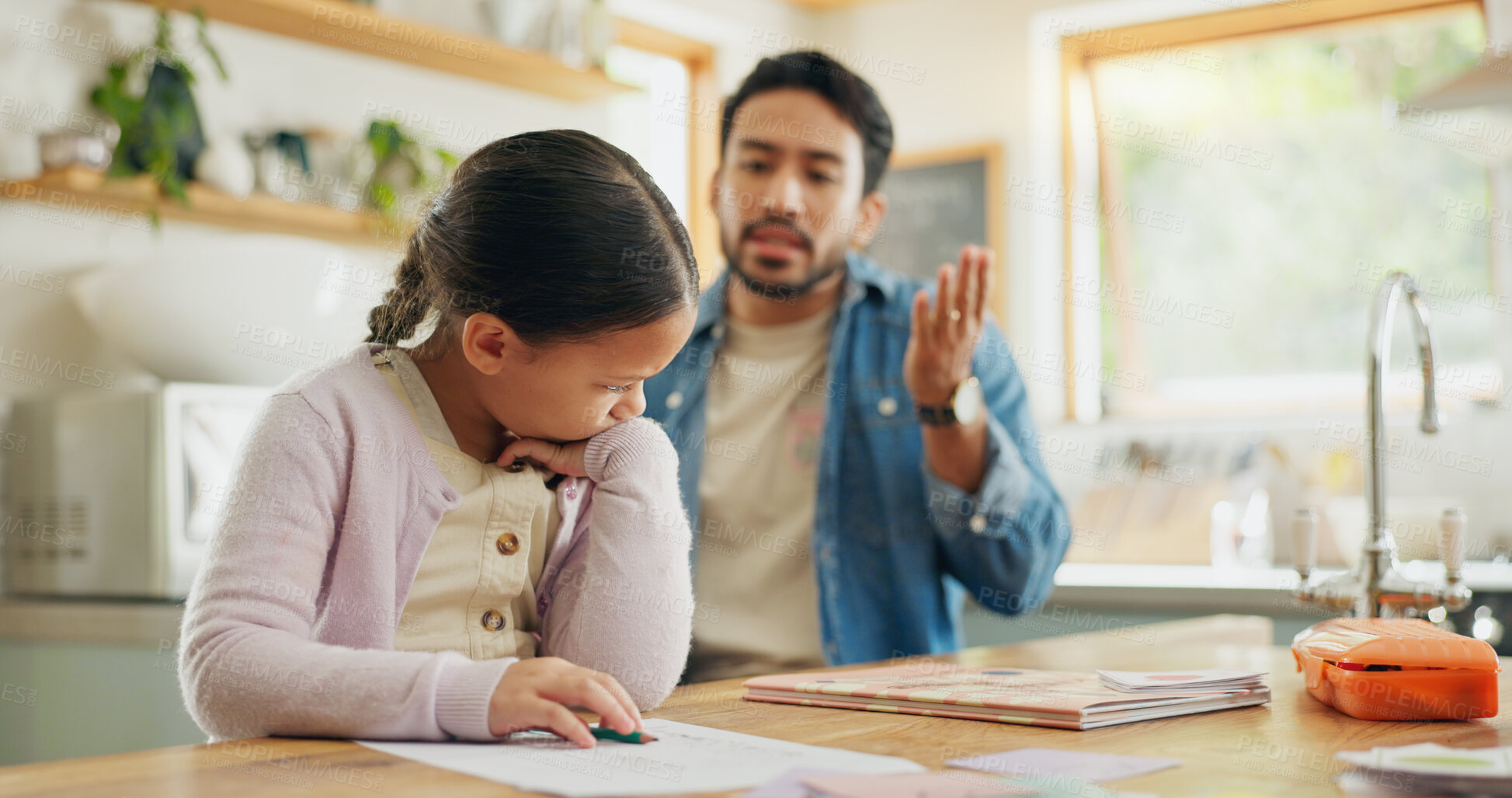 Buy stock photo Angry dad with crying child, homework and scolding in kitchen, helping to study with conflict. Learning, teaching and frustrated father with sad daughter for discipline, education and problem in home