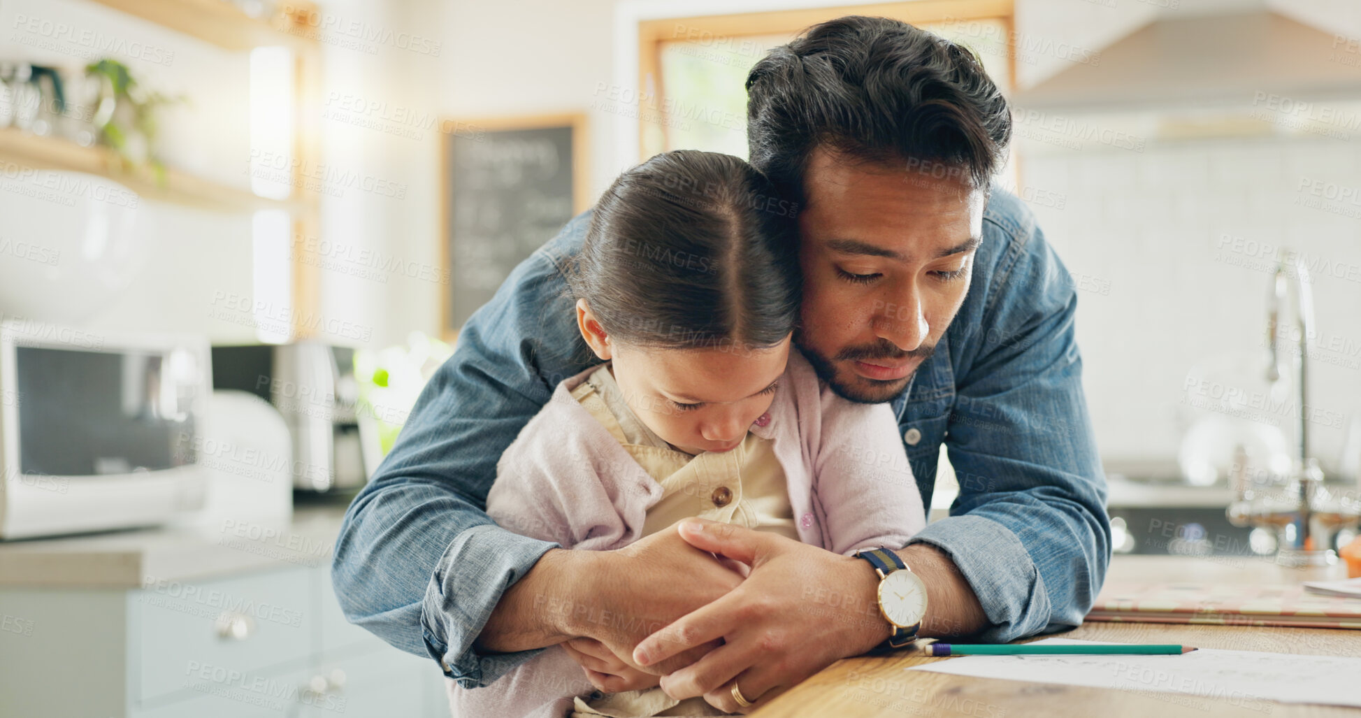 Buy stock photo Care, advice and father with girl for support with hug for upset youth with communication in home. Parent, talking and kid who is sad in kitchen with love or discipline with comfort for young person.