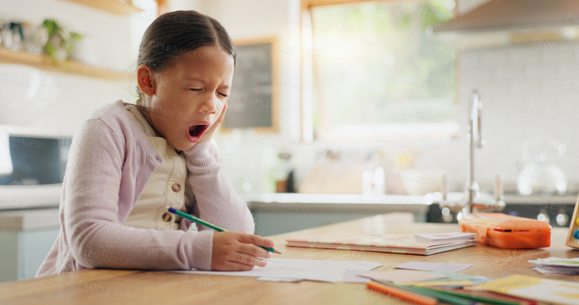 Buy stock photo Tired, yawn and child with homework in kitchen, bored and doing project for education. Fatigue, morning or young girl with adhd yawning while drawing, learning writing or school knowledge in a house