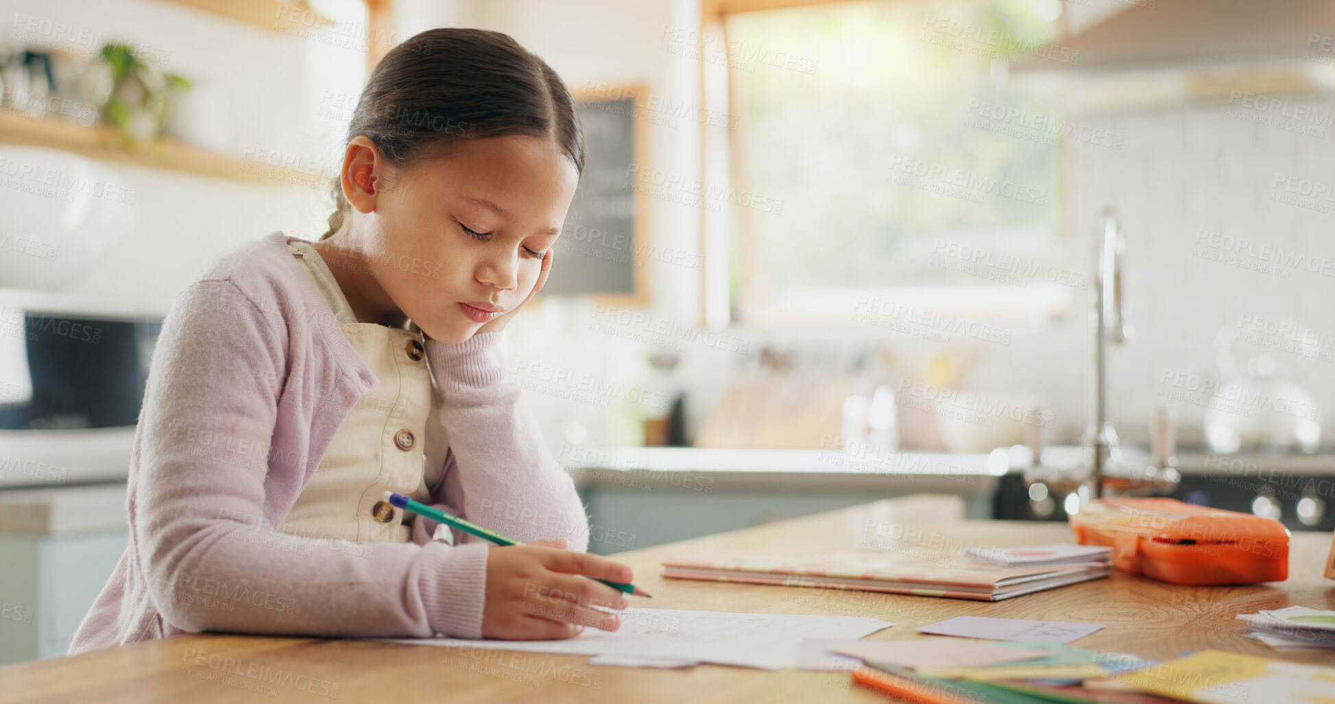 Buy stock photo Tired, yawn and child with homework in kitchen, bored and doing project for education. Fatigue, morning or young girl with adhd yawning while drawing, learning writing or school knowledge in a house